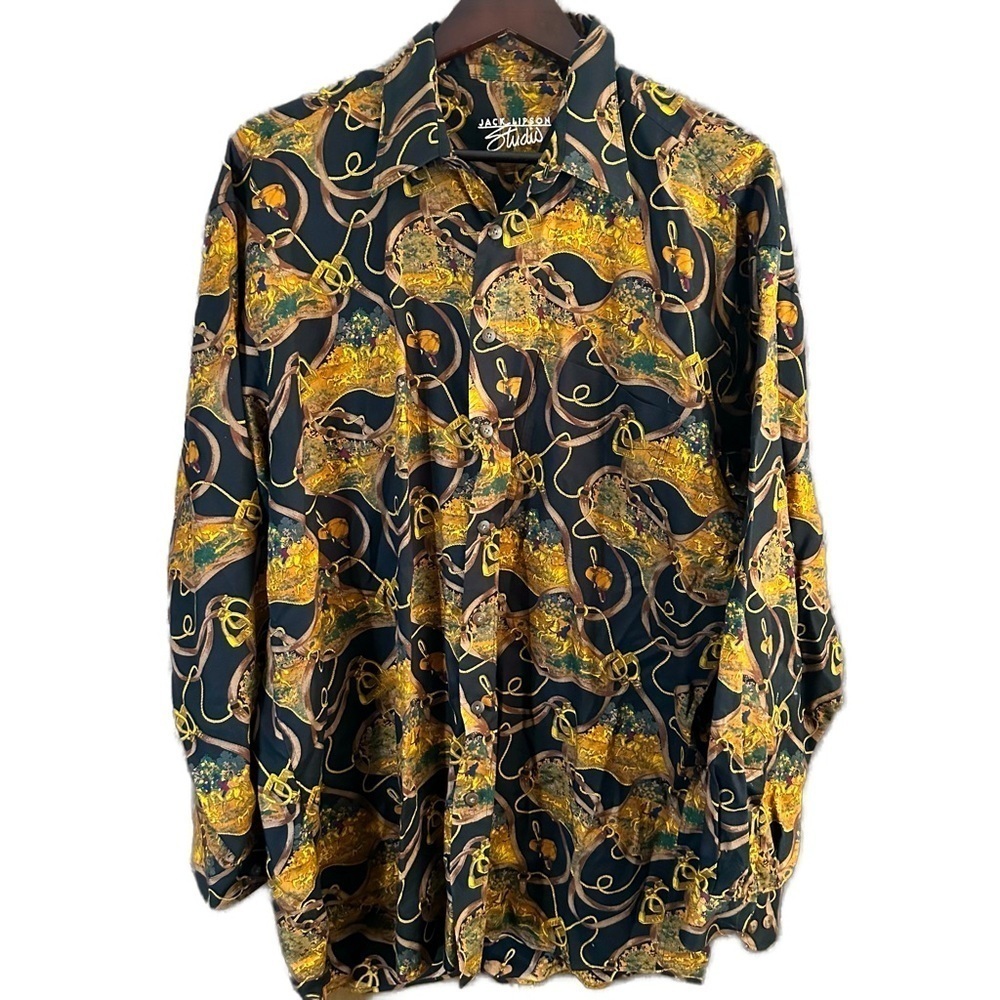 Vintage Jack Lipson Equestrian Button Up Shirt Hunting Scenes 100% Cotton Sz XL